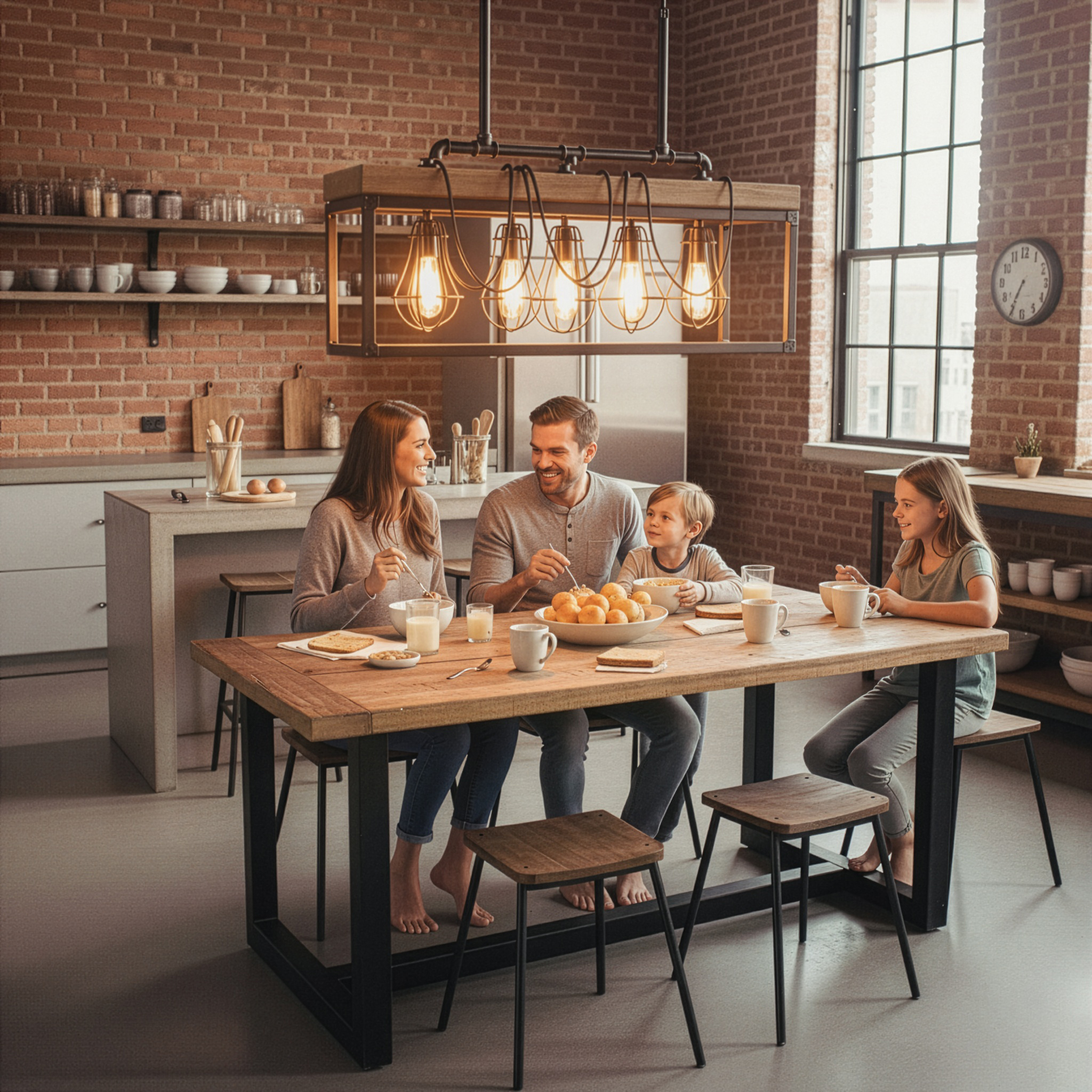 Industrial Kitchen Chandelier_Family Breakfast Environmental Scene Video
